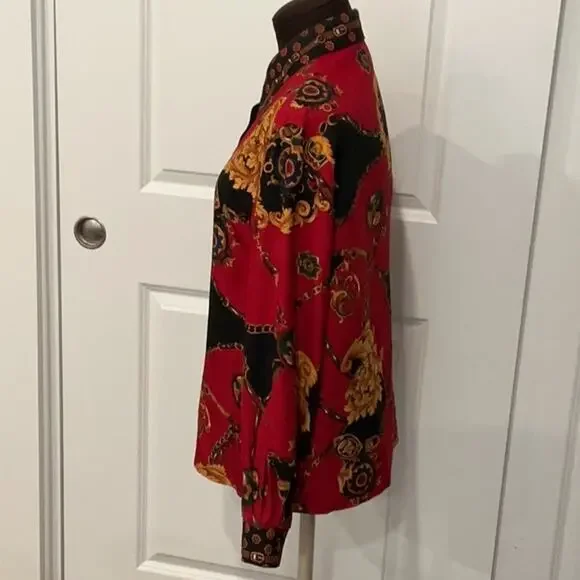 Talbots 100% Silk Red Black Equestrian Mobwife Button Down Shirt Top Size 12P - Picture 4 of 8